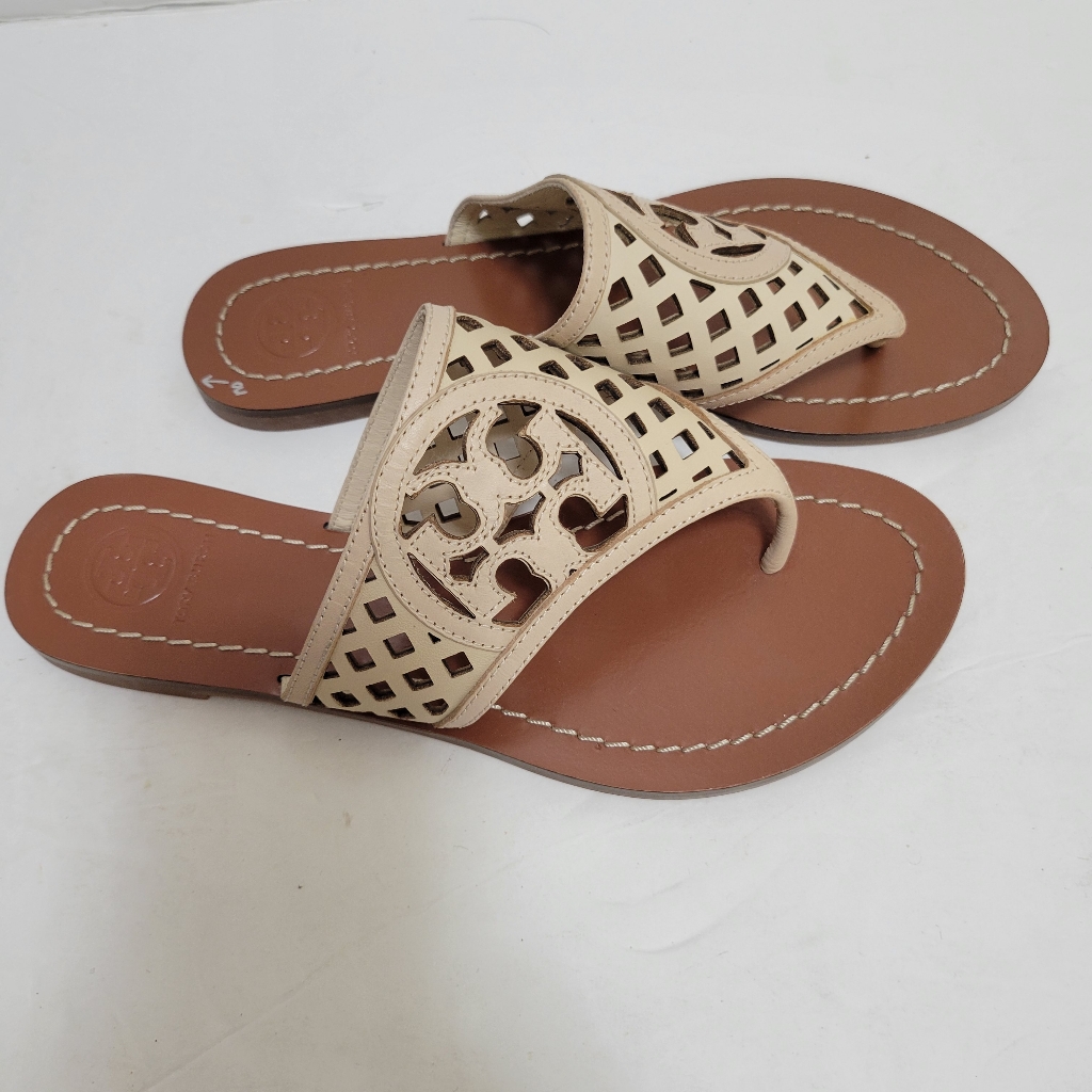 Tory Burch Thatched Perforated Logo Leather Sandals Light Beige Size 7